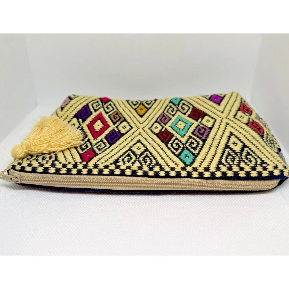 Vintage Artisan Handwoven Geometric Cosmetic Pouch Boho Tassel Makeup Bag